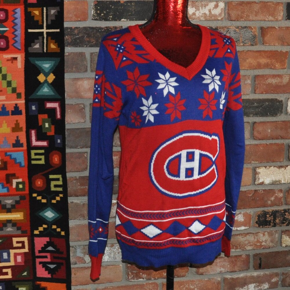 NHL Montreal Canadiens V-Neck Ugly Christmas Knit Sweater Large